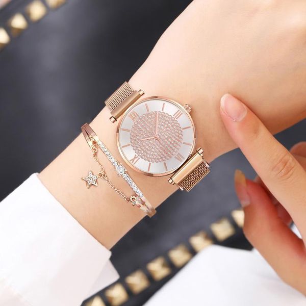 

wristwatches luxury women watch magnet buckle quartz clock steel ladies + bracelet drop, Slivery;brown