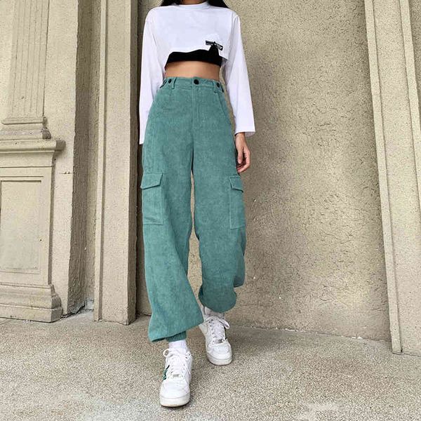 Streetwear Green Corduroy Ffulpants Joggers Женщины Мода Harajuku Y2K Высокие Талированные Брюки Осенние Грузовые брюки Женский 210415