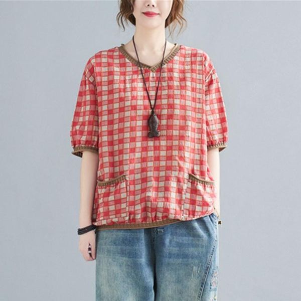 

women's t-shirt women summer loose casual 2021 simple style vintage v-neck plaid print female cotton linen tees pockets knitted, White