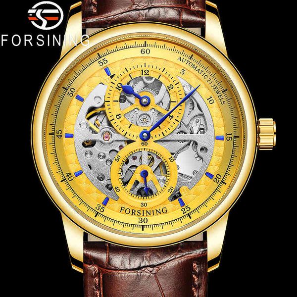 

forsining new automatic mechanical men clock leather sports skeleton male fire luxury gold man 8228, Slivery;brown