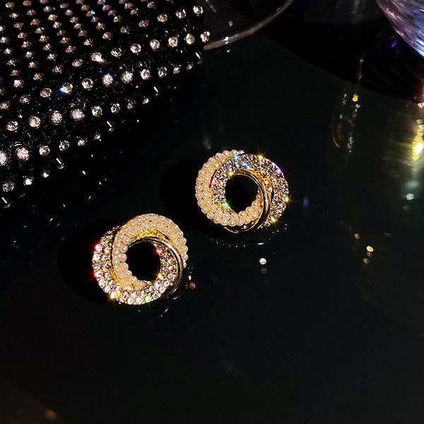

925 silver needle geometric inlaid diamond pearl circle earrings designer east gate simple earrings personality ear jewelry, Golden
