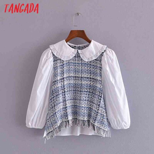 

women retro tweed patchwork crop summer chic female slim shirt 3h198 210416, White