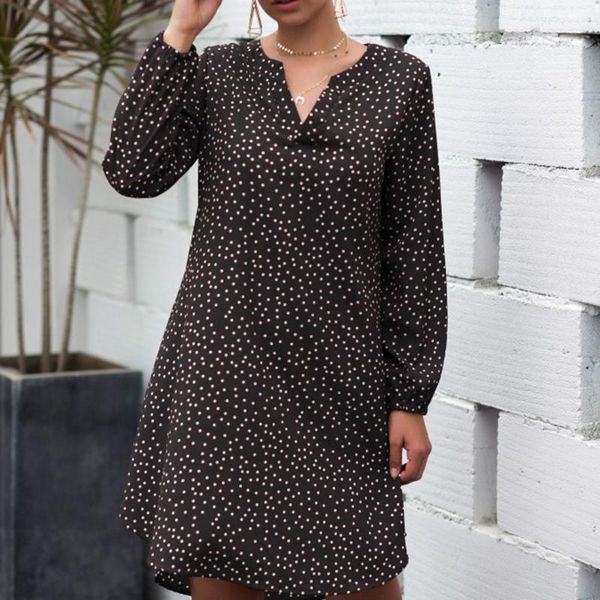 

women v neck long puff sleeve loose dress slim up dot women's mini dresses spring and autumn fashion vestidos de verano casual, Black;gray