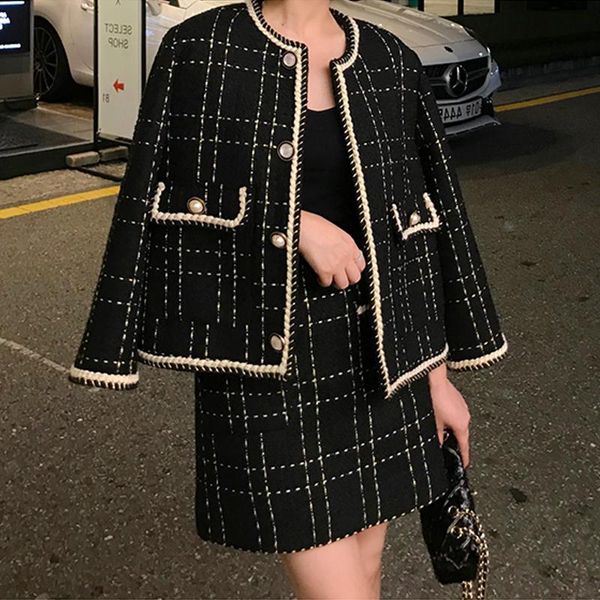 

women's tracksuits autumn winter 2021 2 piece set long sleeve tweed wool women jacket coat+mini skirt dress sweet ladies vintage clothi, Gray