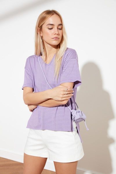 

women's t-shirt trendyol striped asymmetrical knitted twoss21ts0563, White