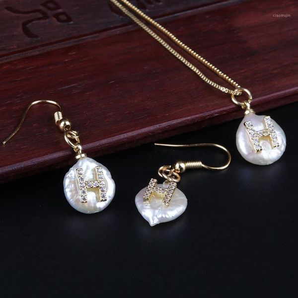 

earrings & necklace 26 alphabet letter charm white cz crystal real pearl gold pendant choker drop earring jewelry set braidal wedding gift, Silver