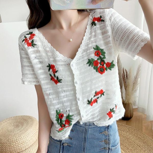 

women's blouses & shirts 2021 elegant korean short sleeve v-neck vintage floral embroidery summer shirt buttons hollow out women crop, White