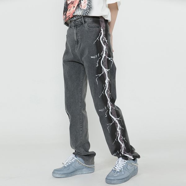 

side print high street mens jeans straight loose oversize couple denim trousers hip hop jean pant, Blue