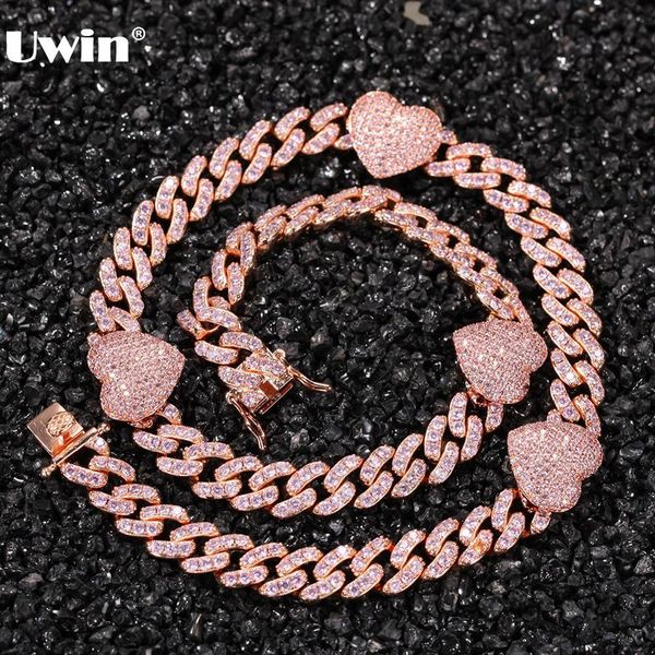 

uwin fashion jewelry 9mm cuban cz link choker necklaces with 4 love hearts bling hiphop jewelry for women girls x0509, Black