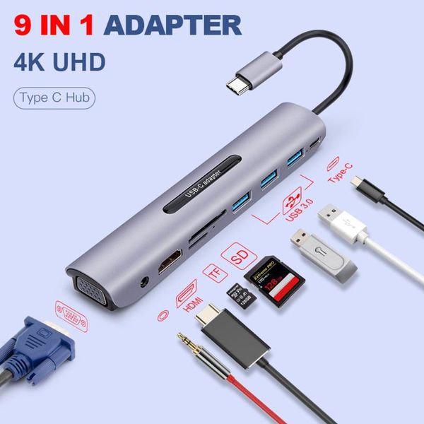 

hubs 9in1 usb-c to usb3.0x3 hub tf sd slot -compatible vga audio pd multiport adapter multi-function extension accessories