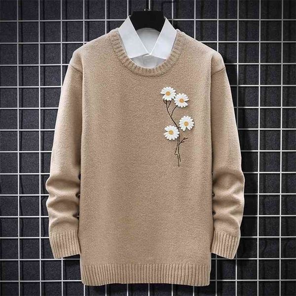 

mens knitted sweater autumn winter men's pullover flower decoration jumper casual loose soft male sweaters daisy embroidery 210813, White;black