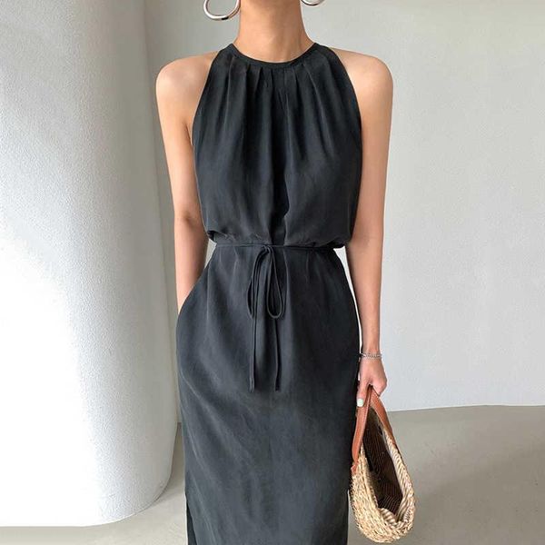 

casual dresses [ewq] korea chic trend women o neck strapless lace-up fashion simple slit sleeveless sling dress summer 2021 16e1910, Black;gray