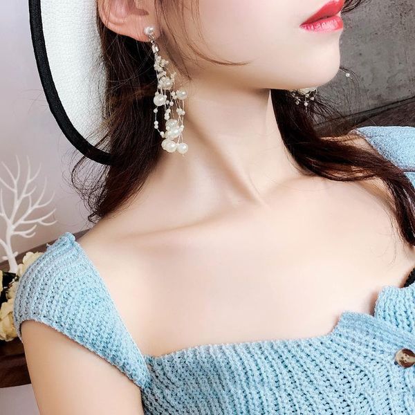

multi-pearl feud-sized string fish line earrings personality match temperament long korean fashion stud, Golden;silver