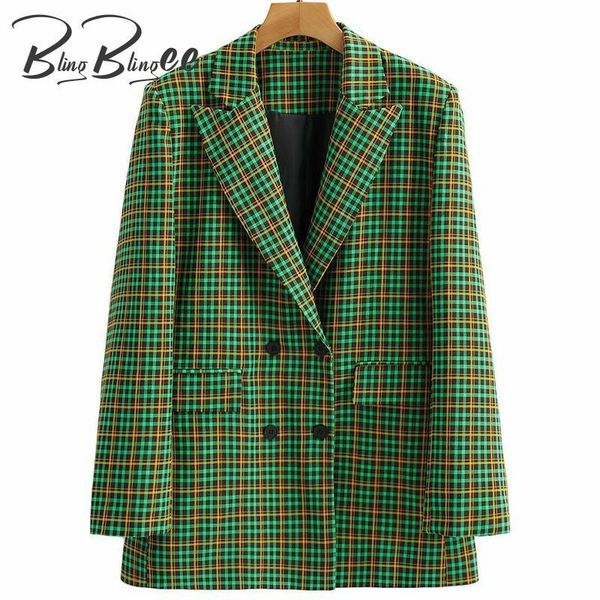

women's suits & blazers blingblingee green checked jacket autumn winter notched collar double breasted woman casual loose plaid female, White;black