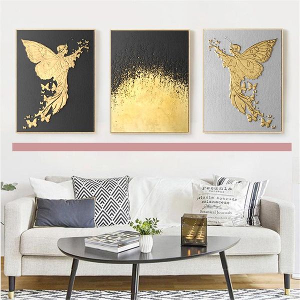 

abstract yellow dots canvas painting butterfly fairy poster and print luxury wall art black gold picture home decor paintings