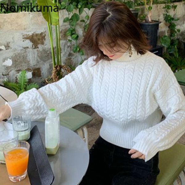 

nomikuma turtleneck sweater women solid color long sleeve cropped knitted pullover jumpers autumn backless lace up 210514, White;black