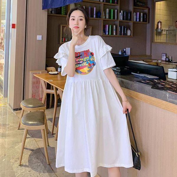 

maternity dresses 461# dress summer short sleeves o neck cotton easy matching loose stylish pregnant women mom, White