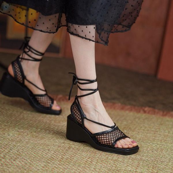 

summer women sandals open toe wedges shoes solid mesh fashion for lace-up high heels dress, Black
