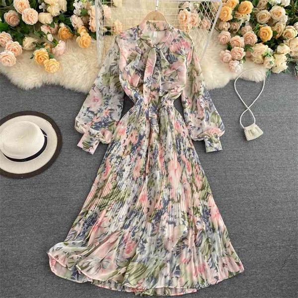 

chic floral print long sleeve women dress bowtie collar slim elastic waist chiffon beach holiday pleated dresses 210603, Black;gray