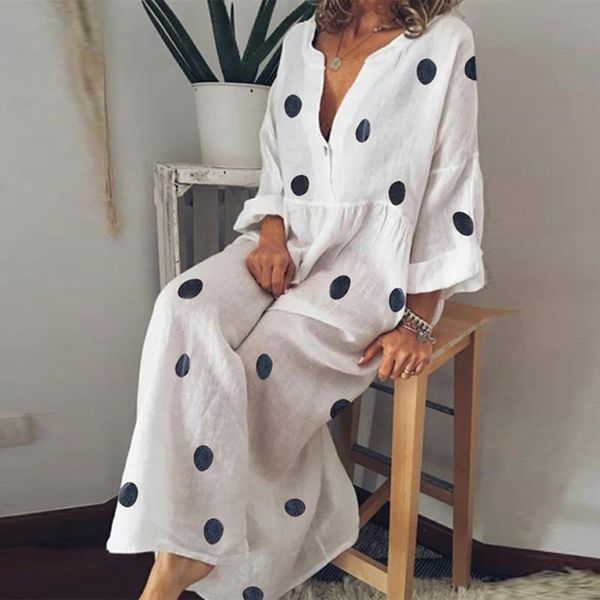 

colors women white autumn loose over size summer holiday vintage polka dot maxi dress v-neck long shirt plus casual dresses, Black;gray