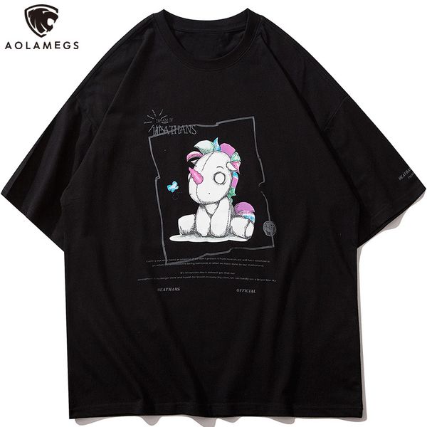 

men's polos aolamegs cute guy t-shirt anime unicorn print casual neck fashion simple college style male shirt summer streetwear, White;black