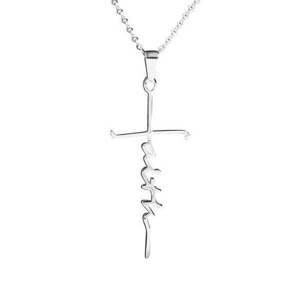

pendant necklaces simple cross faith letter for women men stainless steel religious fashion jewelry, Silver