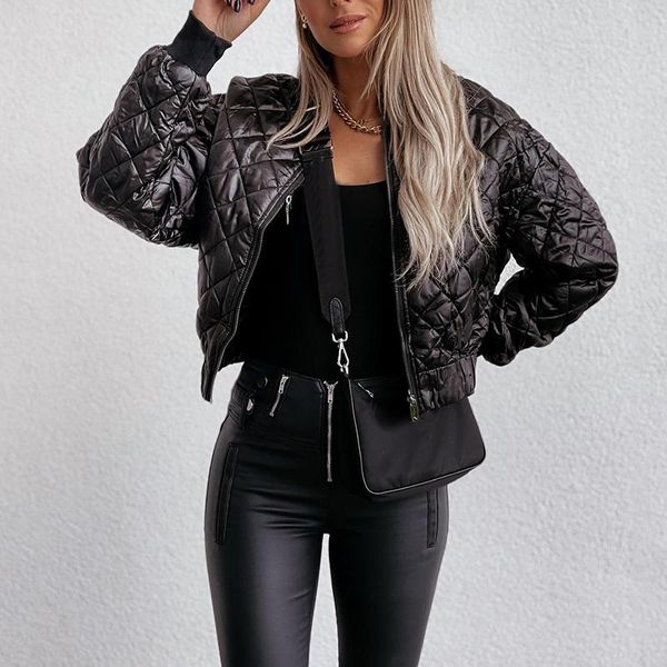 

women's jackets jacket autumn winter cotton coat zipper down female 2021 long sleeve pocket lattice high waist short outwear, Black;brown