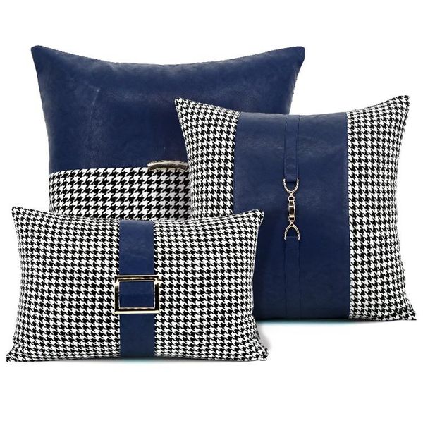 

cushion/decorative pillow blue light luxury living room sofa waist case cushion cover black white houndstooth pu leather