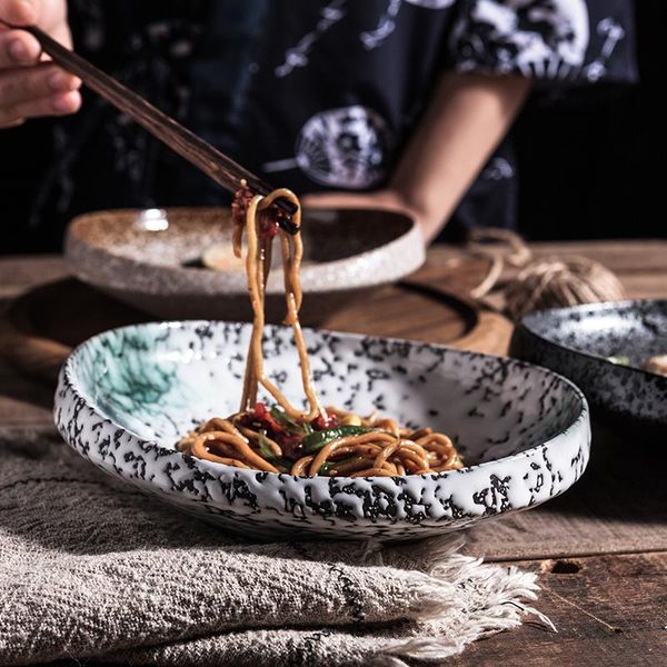 

dishes & plates japanese style textured special-shaped ceramic plate retro tableware household 8 inch dinner thick edge