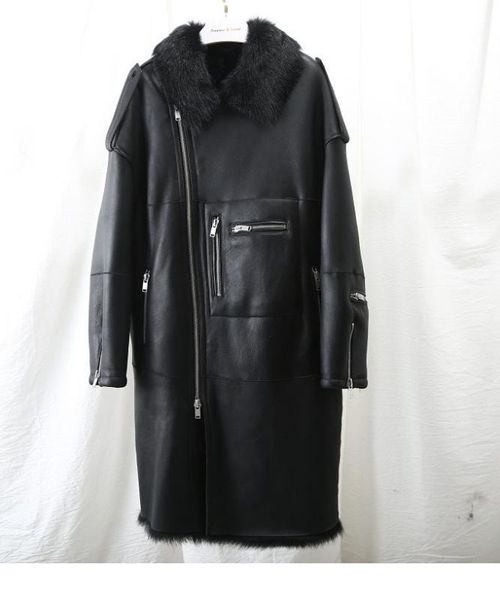 

women's fur & faux maylofuer long real sheepskin leather jacket female coat natural for winter woman tuscany wool locomotive suit black