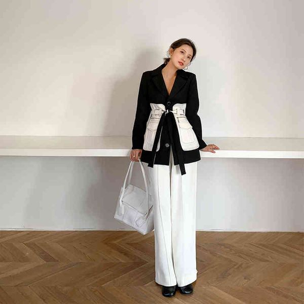 

[eam] women black pocket split joint blazer new lapel long sleeve loose fit jacket fashion tide spring autumn 1x582 201009, White;black