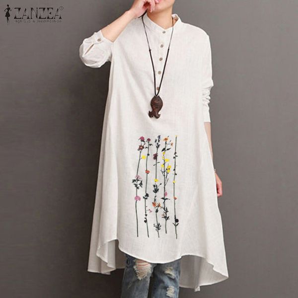 

women's blouses & shirts autumn cotton linen blouse zanzea women long sleeve vintage printed female robe chemise tunic plus size 161l, White