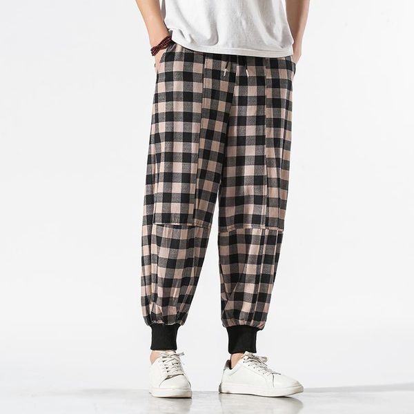 

linen plaid pants men's fashion retro contrast color casual drawstring men streetwear wild loose hip hop trousers m-5xl, Black