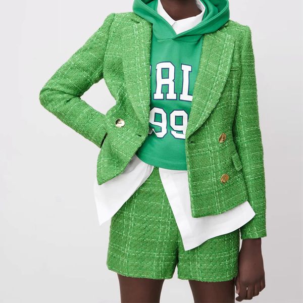 

za tweed blazer short set long sleeve women casual plaid sblazer and high waist ladies blazers set 210521, White;black