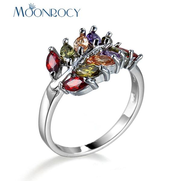 

cluster rings moonrocy cubic zirconia vintage silver color colourful leaf crystal for women gift drop jewelry wholesale, Golden;silver