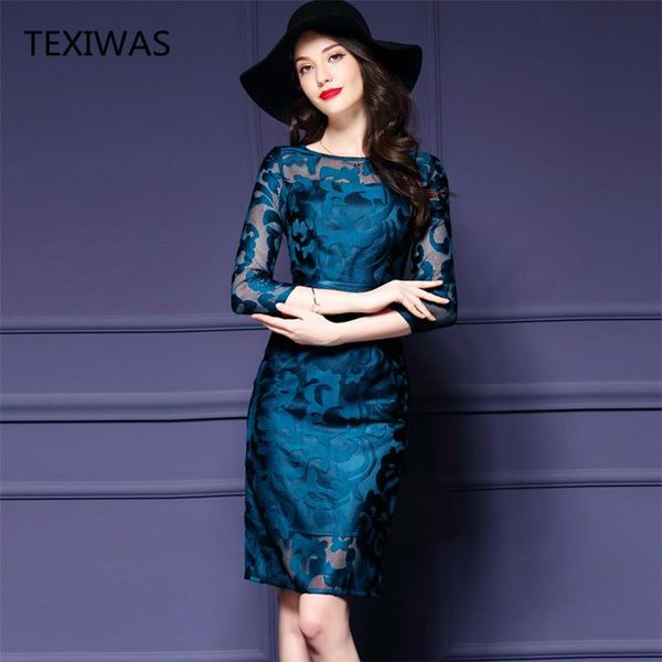 

casual dresses texiwas 2021 spring summer o neck lace net yarn hollow women fashion slim plus jacquard embroidery long section dress, Black;gray