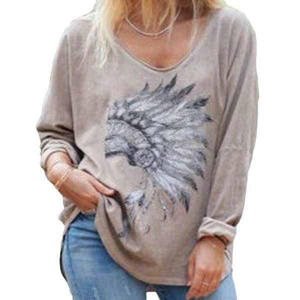 

women's t-shirt casual women autumn bottoming tee 2021 v-neck long sleeve retro pattern printed female t-shirts loose, White