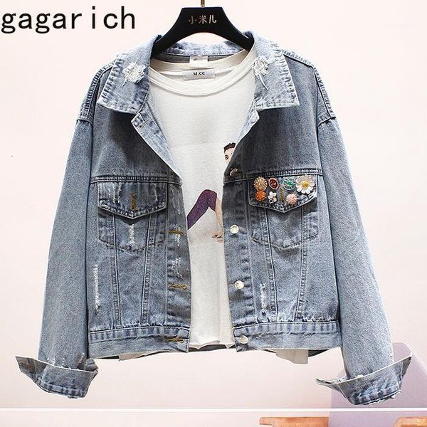 

women's jackets gagarich women jacket long sleeve 2021 autumn single breasted loose short denim frayed hole pocket flower sweet korean, Black;brown