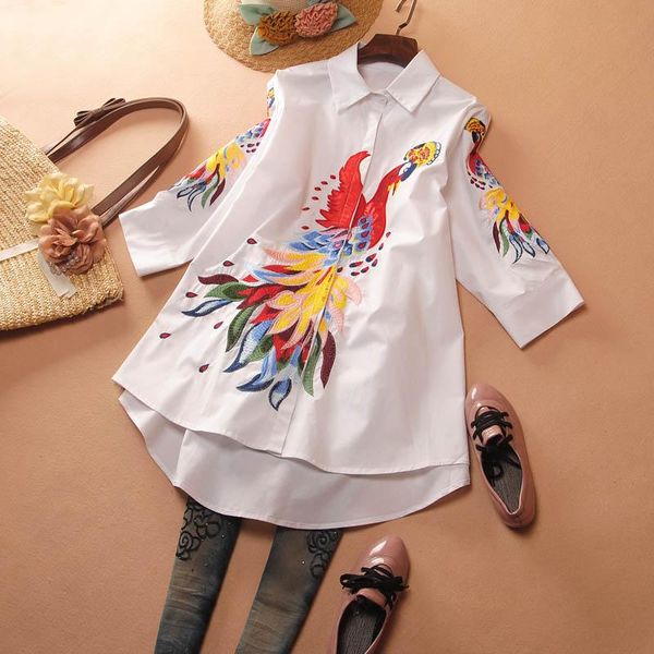 

women's spring peacock embroidery white shirt female vintage national loose casual plus size long blouse blouses & shirts