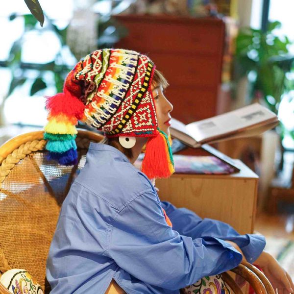 

brand caps peru beaded hat machu picchu handmade wool rainbow with dou jingtong, Blue;gray