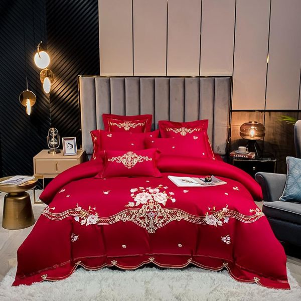 

bedding sets luxury red 600tc egyptian cotton flowers embroidery european wedding style set duvet cover flat/fitted sheet pillowcases