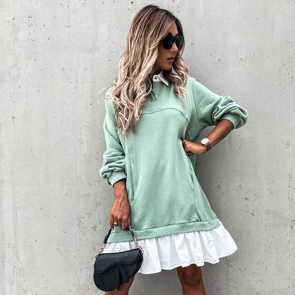 

women autumn loose sweatershirt dress winter long sleeve pleated shirt collar female casual patchwork hoodies dresses, Black;gray
