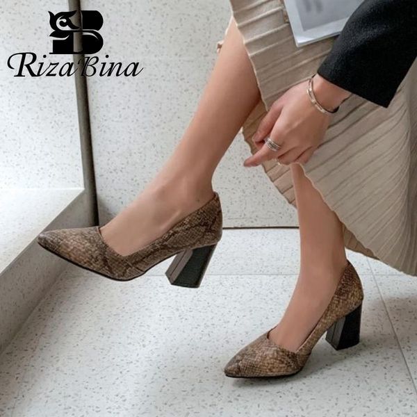 

dress shoes rizabina plus size 32-43 fashion women pumps design snake print thick heels pointed toe casual footwear, Black