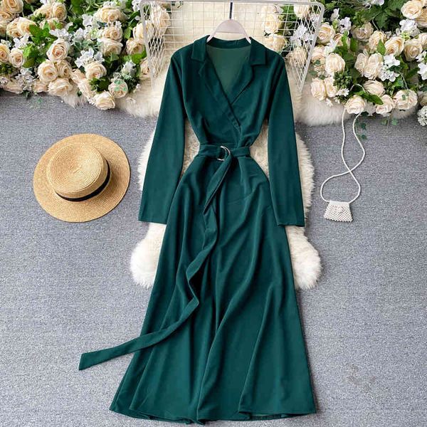 

dresses vintage notched collar pink/orange/green dress women elegant long sleeve sashes slim a-line vestidos autumn fashion ol, Black;gray