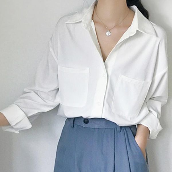

women's blouses & shirts autumn women elegance long sleeve solid blouse vintage pockets white chiffon shirt office lady button up korea