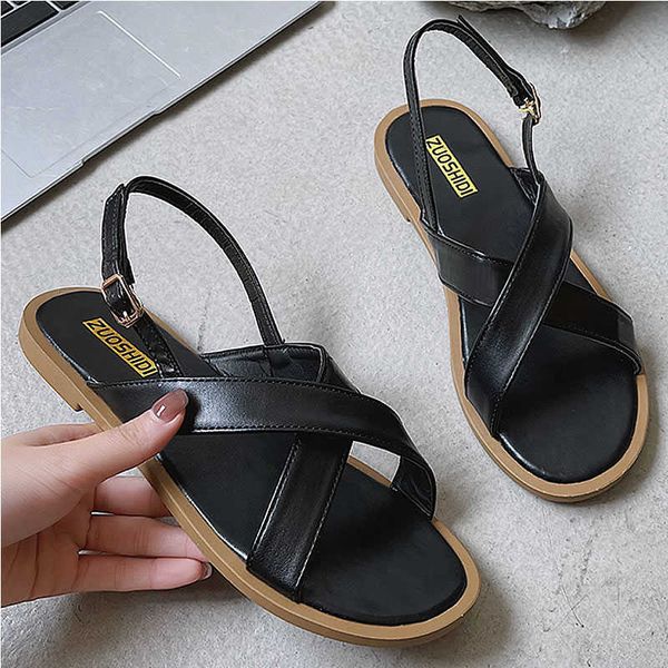 

2021 summer women's classic rear trip strap platform rome sandals ladies everyday peep toe beige leather flat shoes size 35-40 y0721, Black