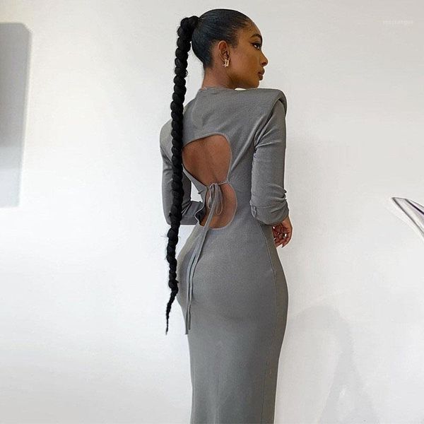 

dress women club hollow out backless o neck solid streetwear bandage regular bodycon female long dresses vestido robes casual, Black;gray