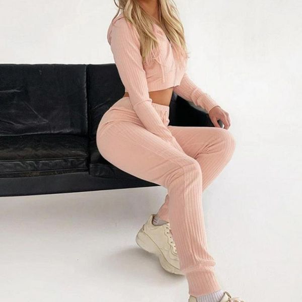 

women's pants & capris autumn sports set crop ribbing hooded solid color stretchy hoodie trousers for female 2 pieces suits, Black;white