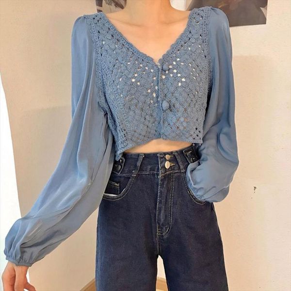 

jlong v neck women shirt crocheted sweet flower hollow long sleeve loose slim short, White