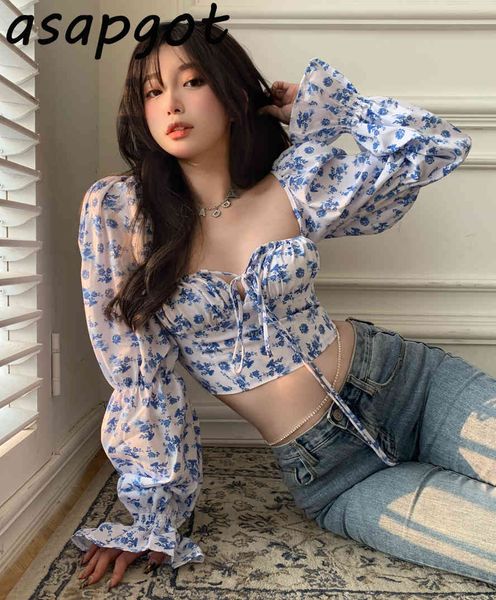 

short fashion korean chic crop square neck flare sleeve women blouses lace up floral shirts spring blusas mujer 210429, White